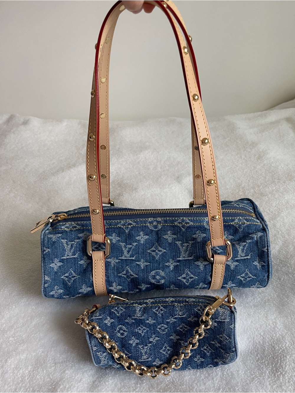 Louis Vuitton Blue Monogram Denim Shoulder Bag Duo with Tan Studded Straps